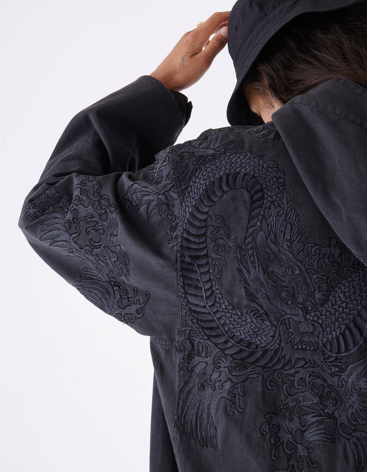 4240 Water Dragon Embroidered Kimono Parka Black BLK-108FF