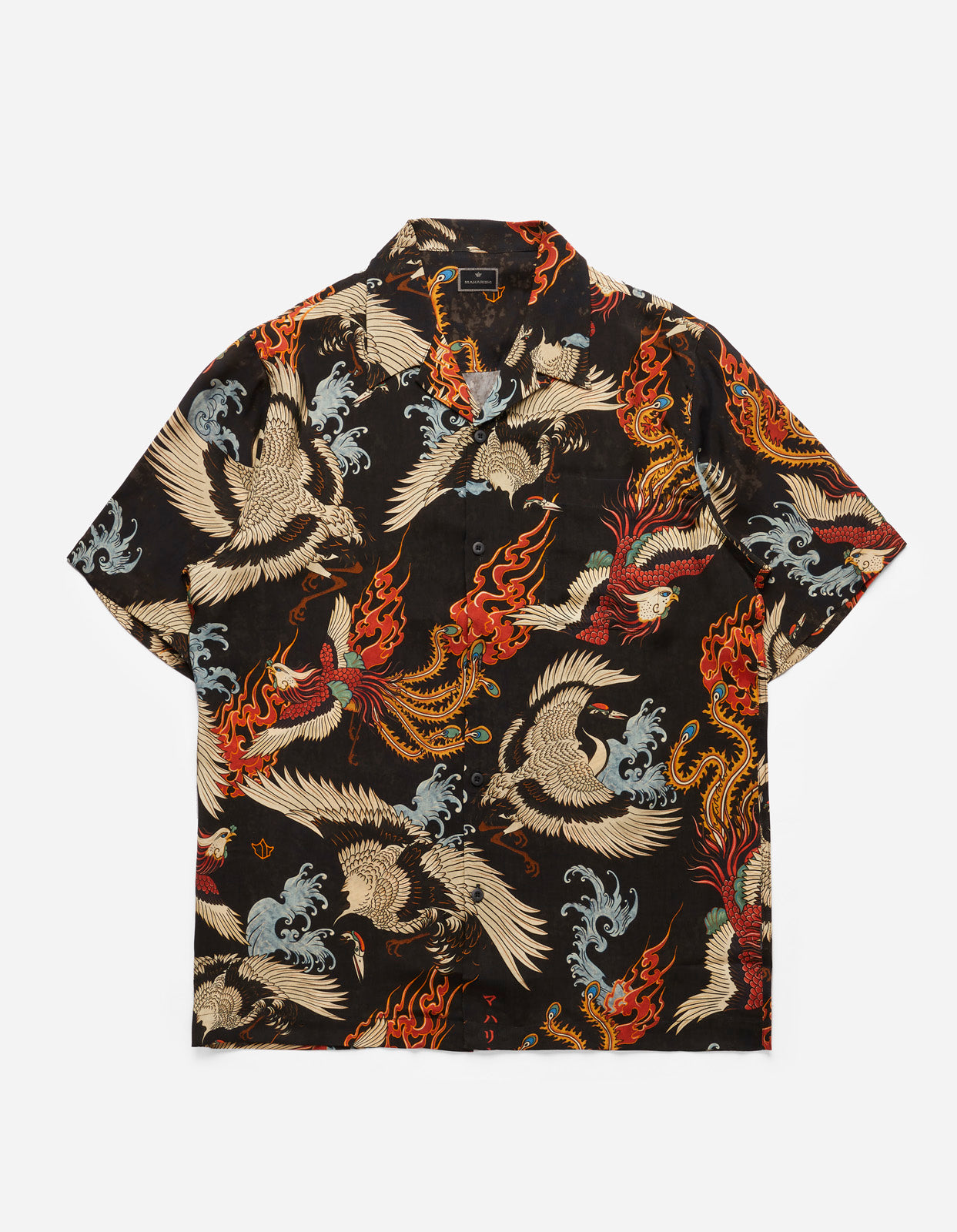 4509 Peace Cranes Camp-Collar Shirt Black