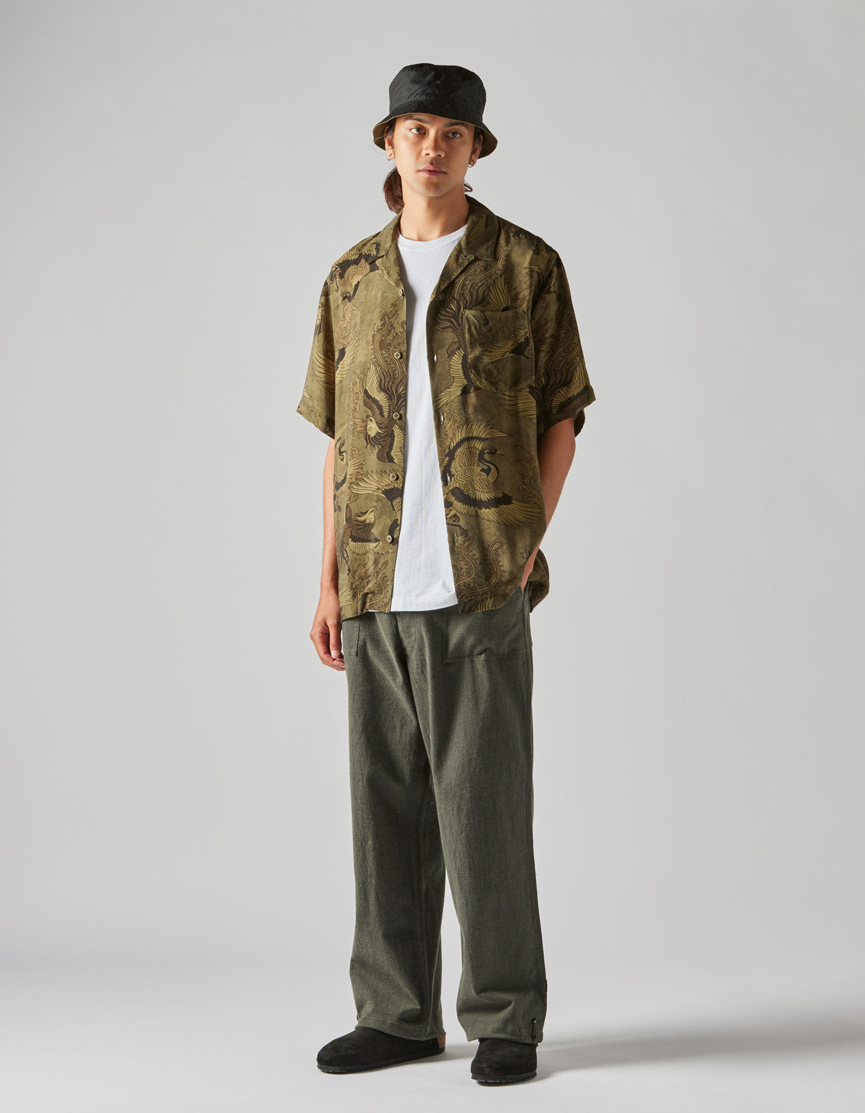 4509 Peace Cranes Camp-Collar Shirt Olive Subdued