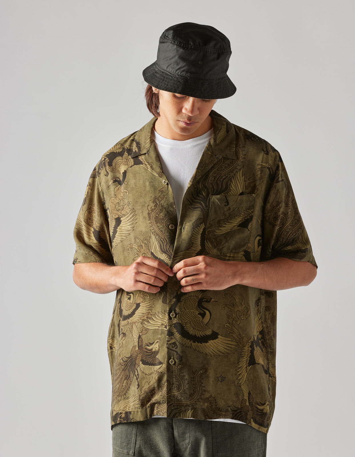 4509 Peace Cranes Camp-Collar Shirt Olive Subdued