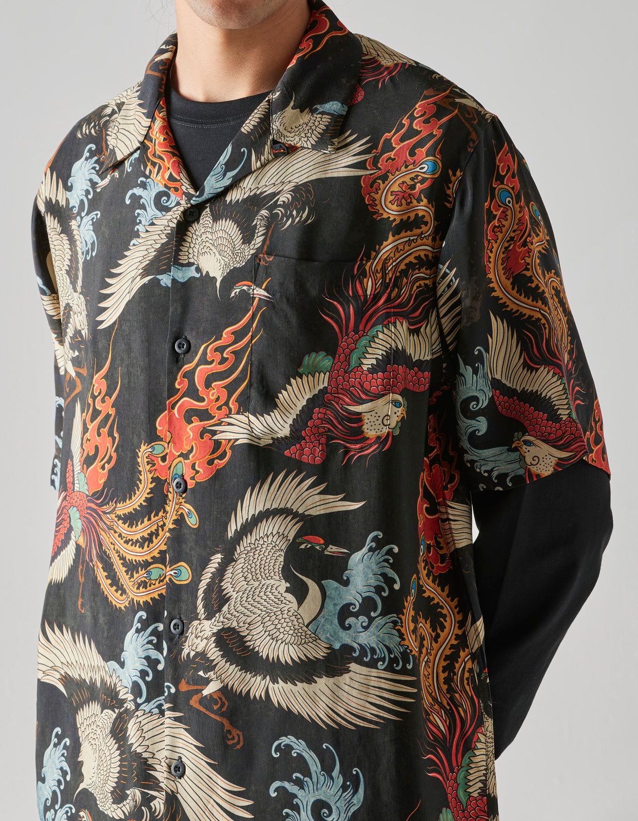 4509 Peace Cranes Camp-Collar Shirt Black
