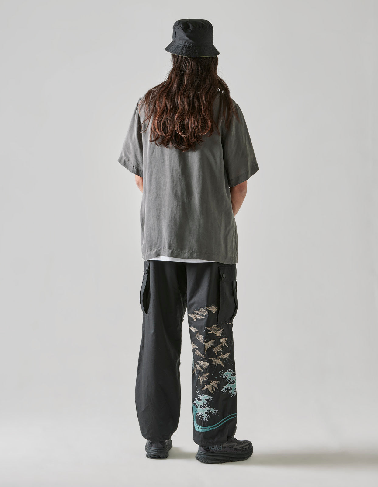 4508 Flying Cranes Embroidered Shirt Charcoal