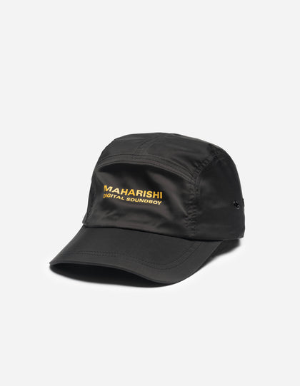 Maharishi black cap with yellow text on a white background