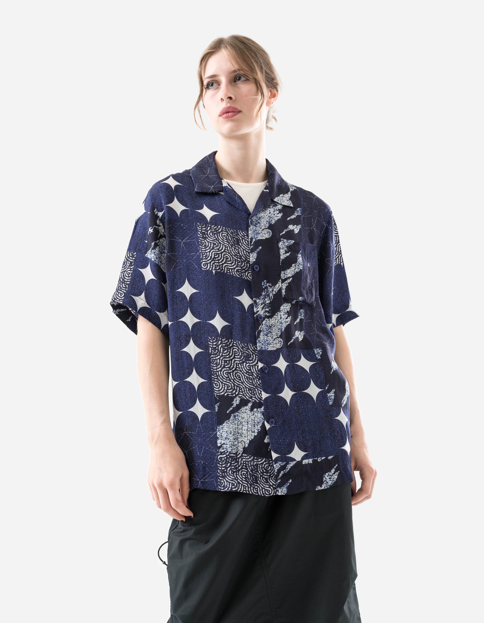 1529 Sashiko Patchwork Summer Shirt Navy/Ecru