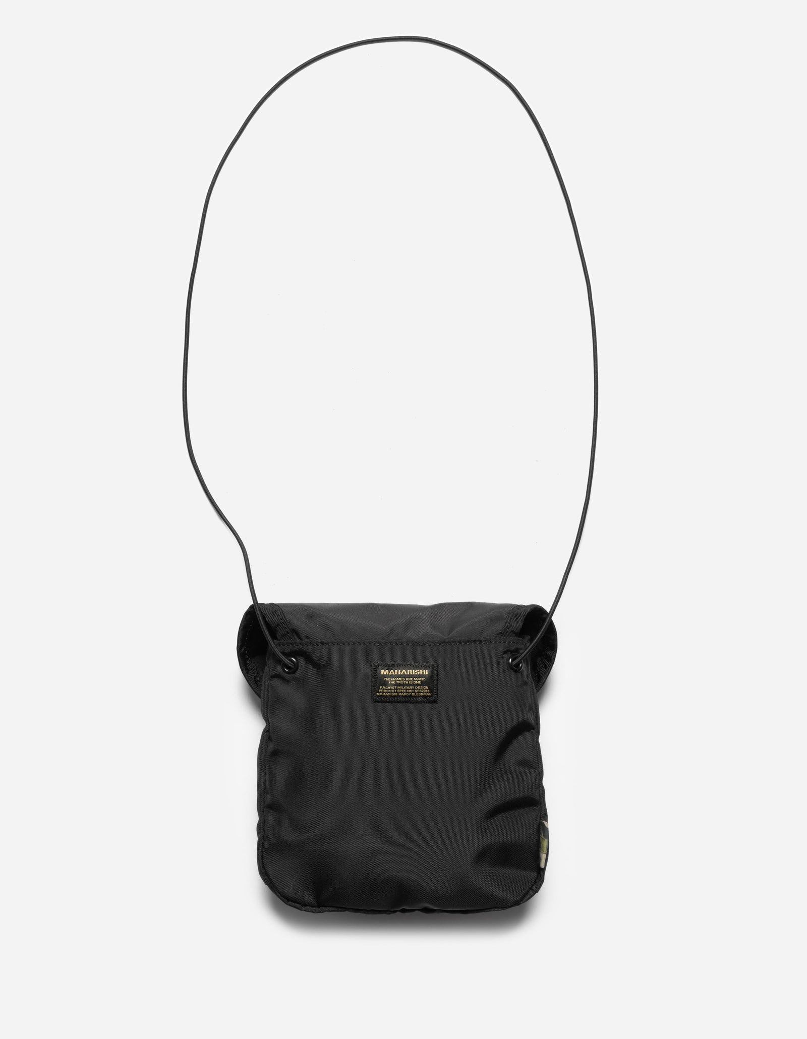 Black shoulder bag with a visible brand label on a white background