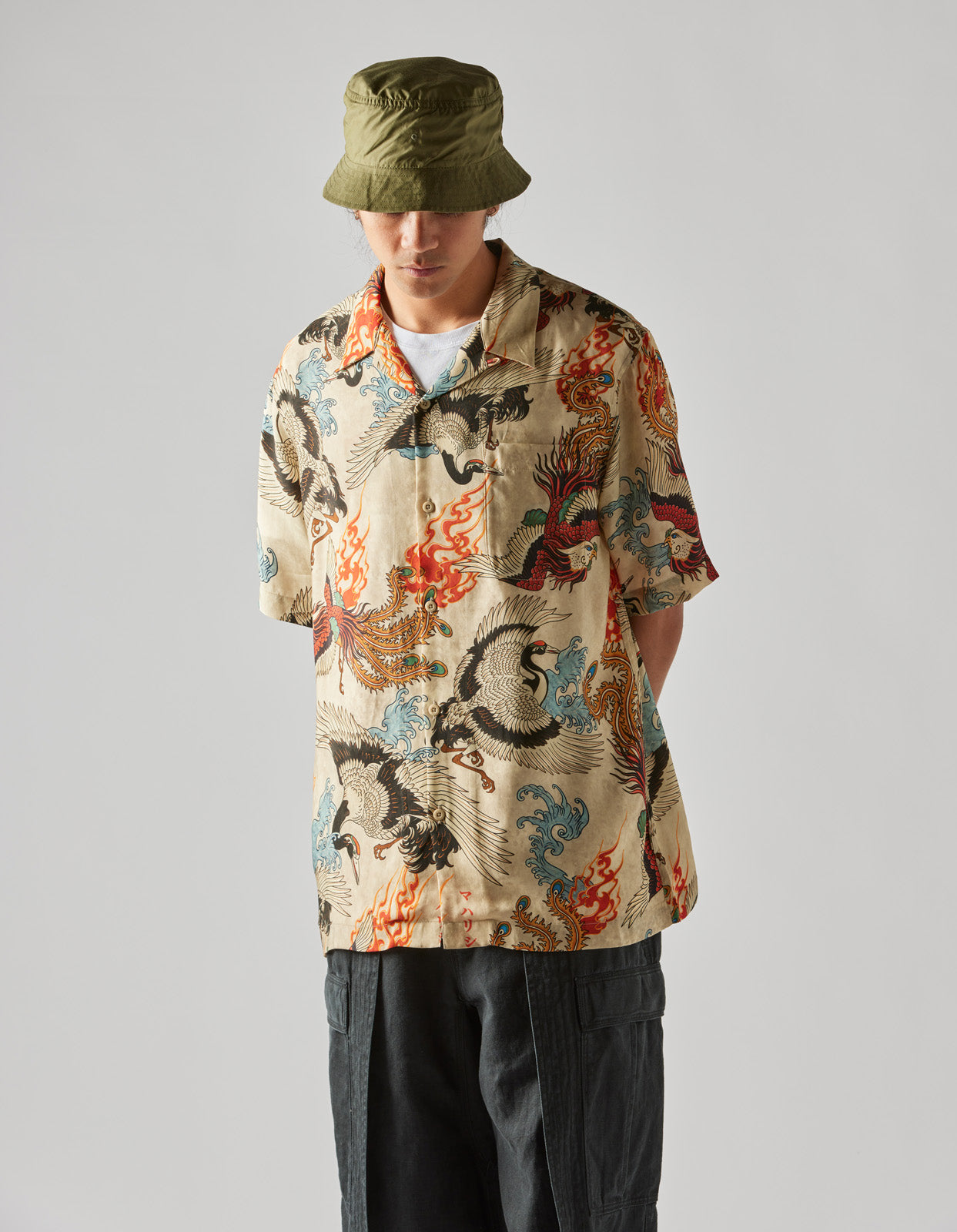 4509 Peace Cranes Camp-Collar Shirt Ecru