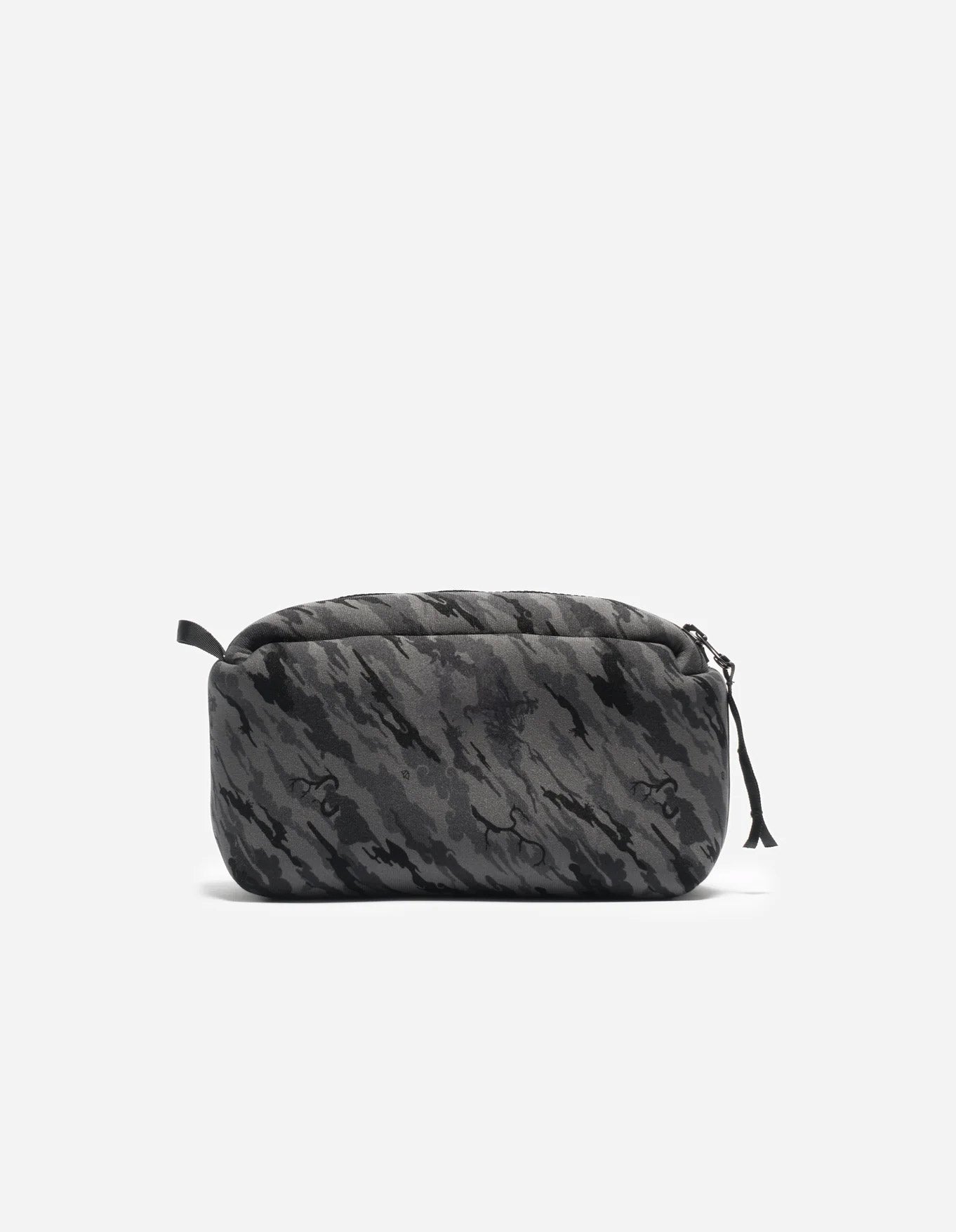 A gray neoprene cube storage pouch with a camouflage pattern, featuring a zipper closure and a small loop on one end.