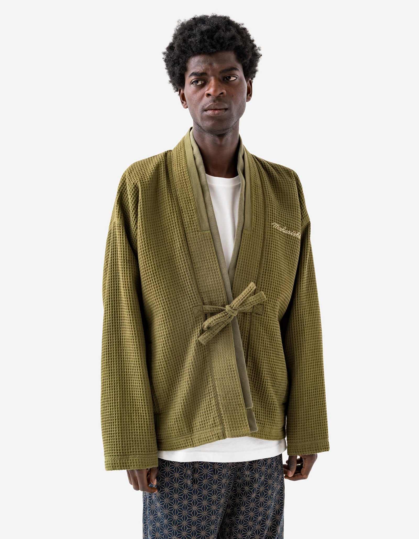 6241 Embroidered Waffle Kimono Overshirt Olive OG-107F