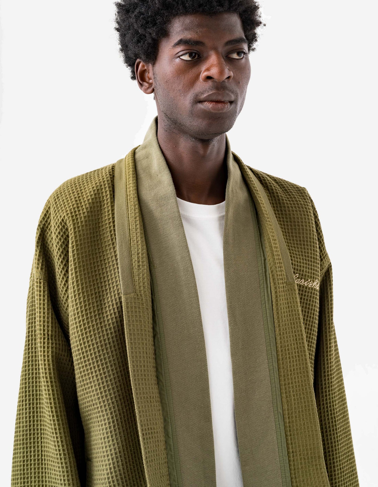 6241 Embroidered Waffle Kimono Overshirt Olive OG-107F