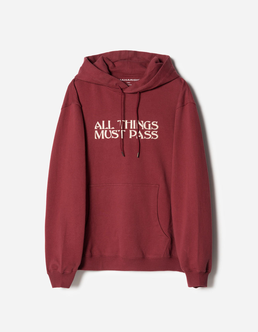 Maroon hoodie with 'All Things Must Pass' text on a white background