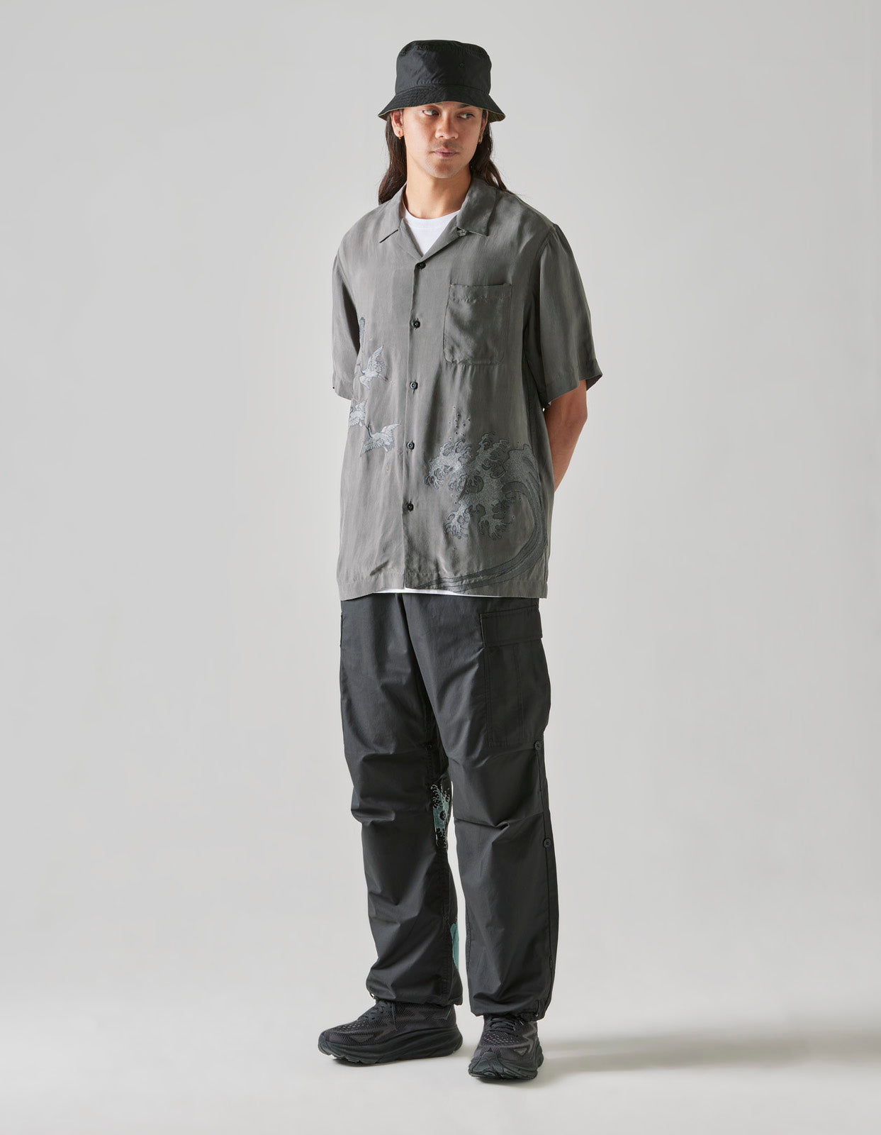 4508 Flying Cranes Embroidered Shirt Charcoal