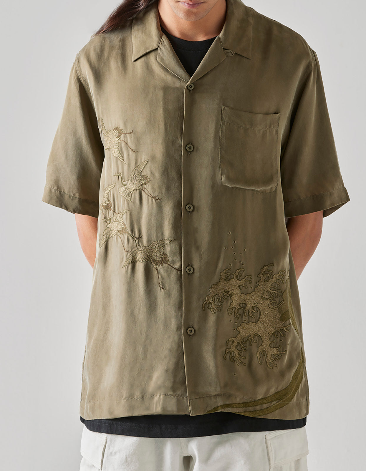 4508 Flying Cranes Embroidered Shirt Maha Olive