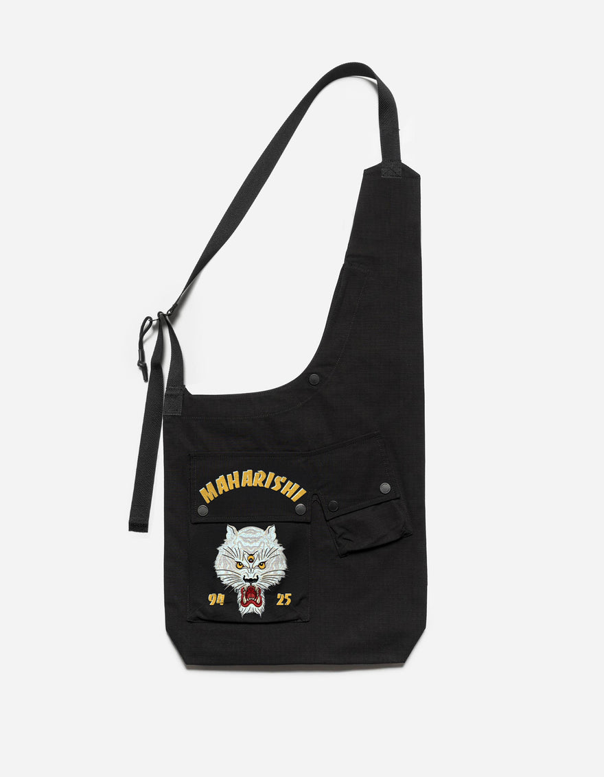 Black shoulder bag with Maharishi logo and design on a white background