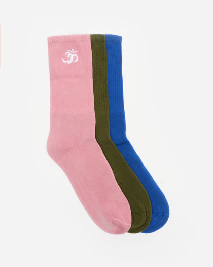 1496 Om Temple Embroidered Sport Sock 3 pack Pink/Olive/Navy