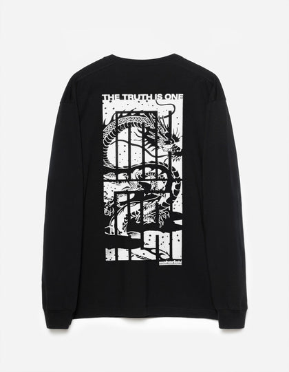A black long-sleeve T-shirt with a graphic print in the center, displaying a complex monochrome dragon design.