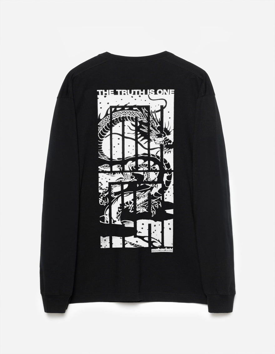 A black long-sleeve T-shirt with a graphic print in the center, displaying a complex monochrome dragon design.