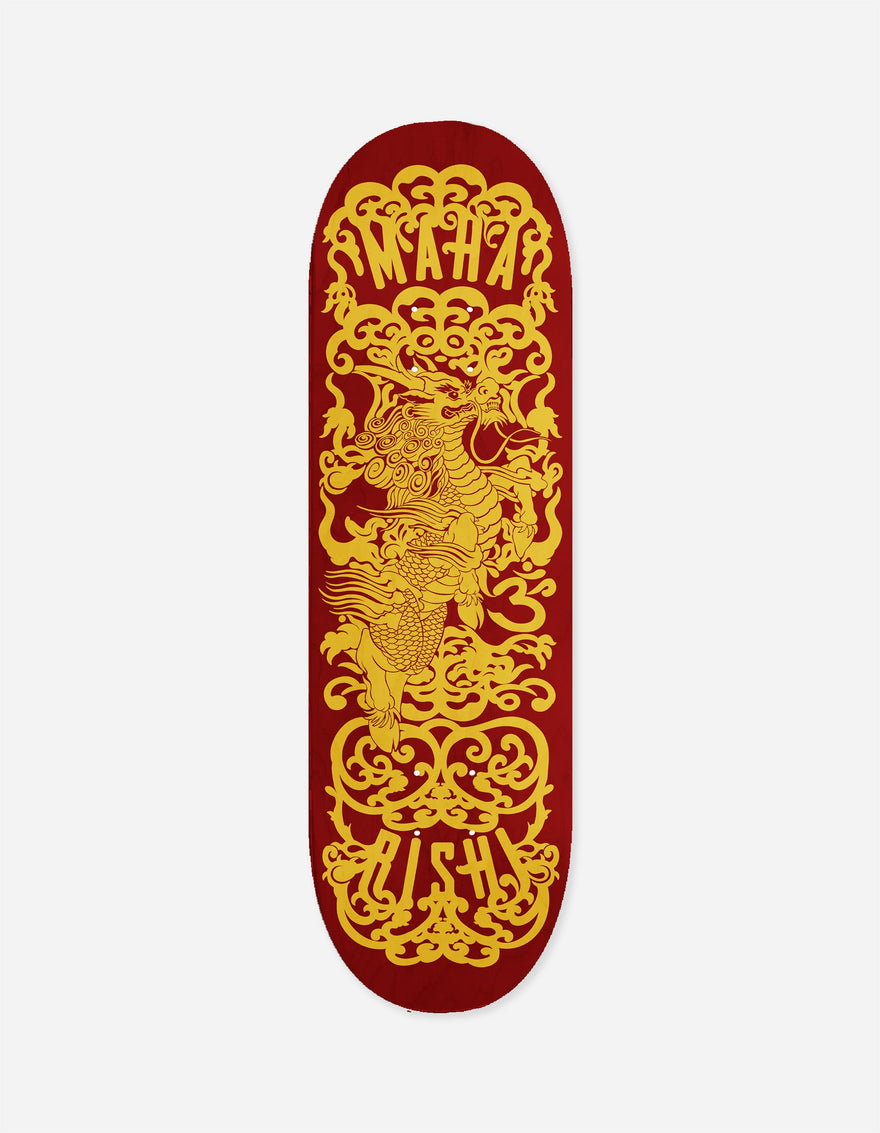 Red skateboard deck with gold dragon design and text on a white background