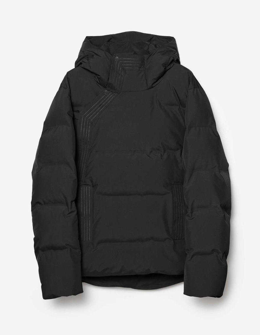 A black padded parka jacket with an asymmetric front wrap closure, constructed from recycled ripstop nylon with horizontal baffles.