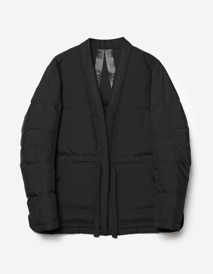 A black padded kimono-style jacket with front tie closure, made from recycled ripstop nylon with horizontal baffles.