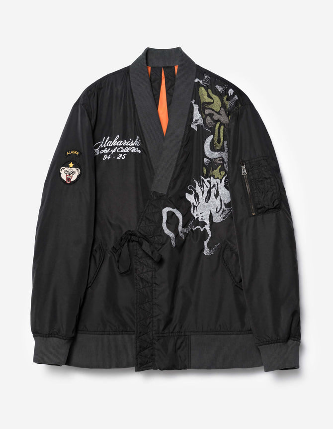 7081 Pointillist Dragon Embroidered MA1 Kimono Black
