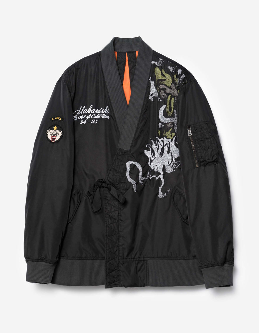 7081 Pointillist Dragon Embroidered MA1 Kimono Black
