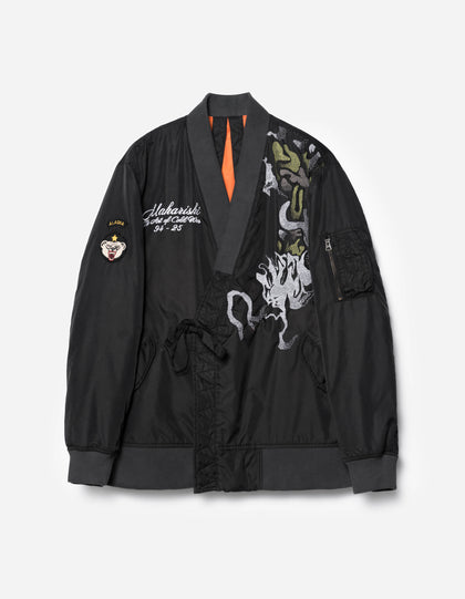 7081 Pointillist Dragon Embroidered MA1 Kimono Black
