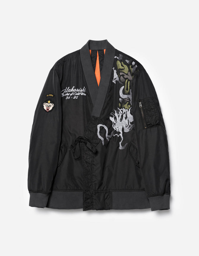 7081 Pointillist Dragon Embroidered MA1 Kimono Black