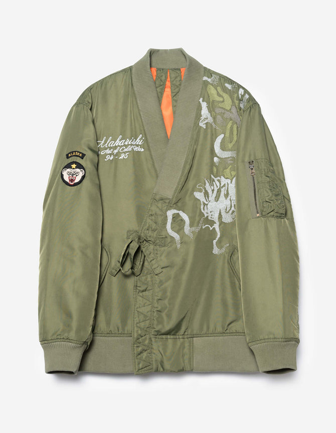 7081 Pointillist Dragon Embroidered MA1 Kimono Olive OG-107F