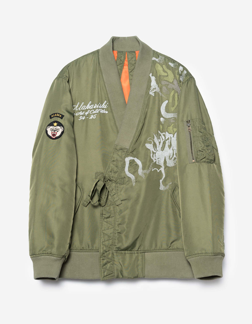 7081 Pointillist Dragon Embroidered MA1 Kimono Olive OG-107F
