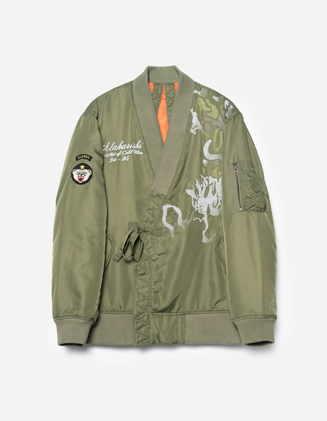 7081 Pointillist Dragon Embroidered MA1 Kimono Olive OG-107F