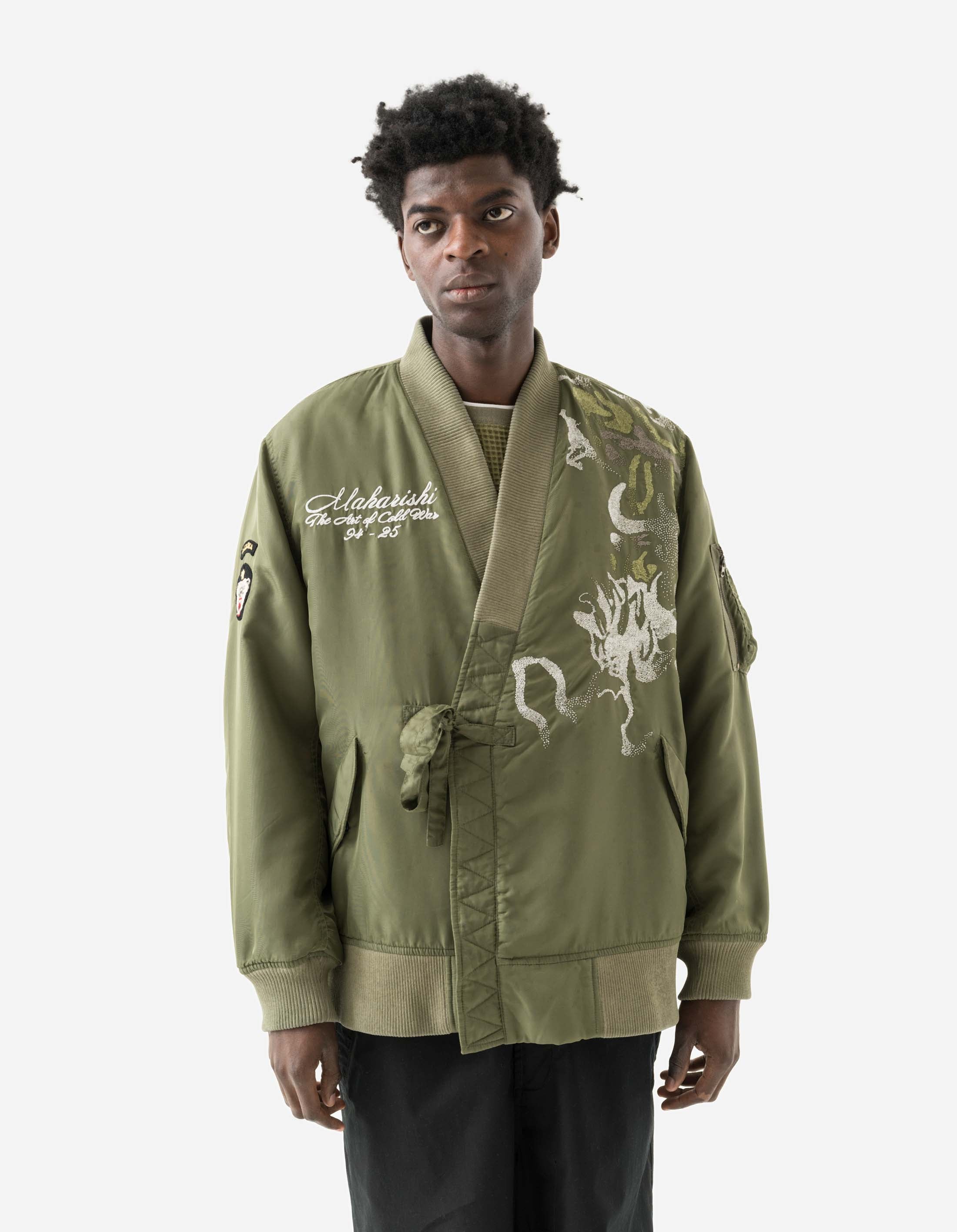 7081 Pointillist Dragon Embroidered MA1 Kimono Olive OG-107F