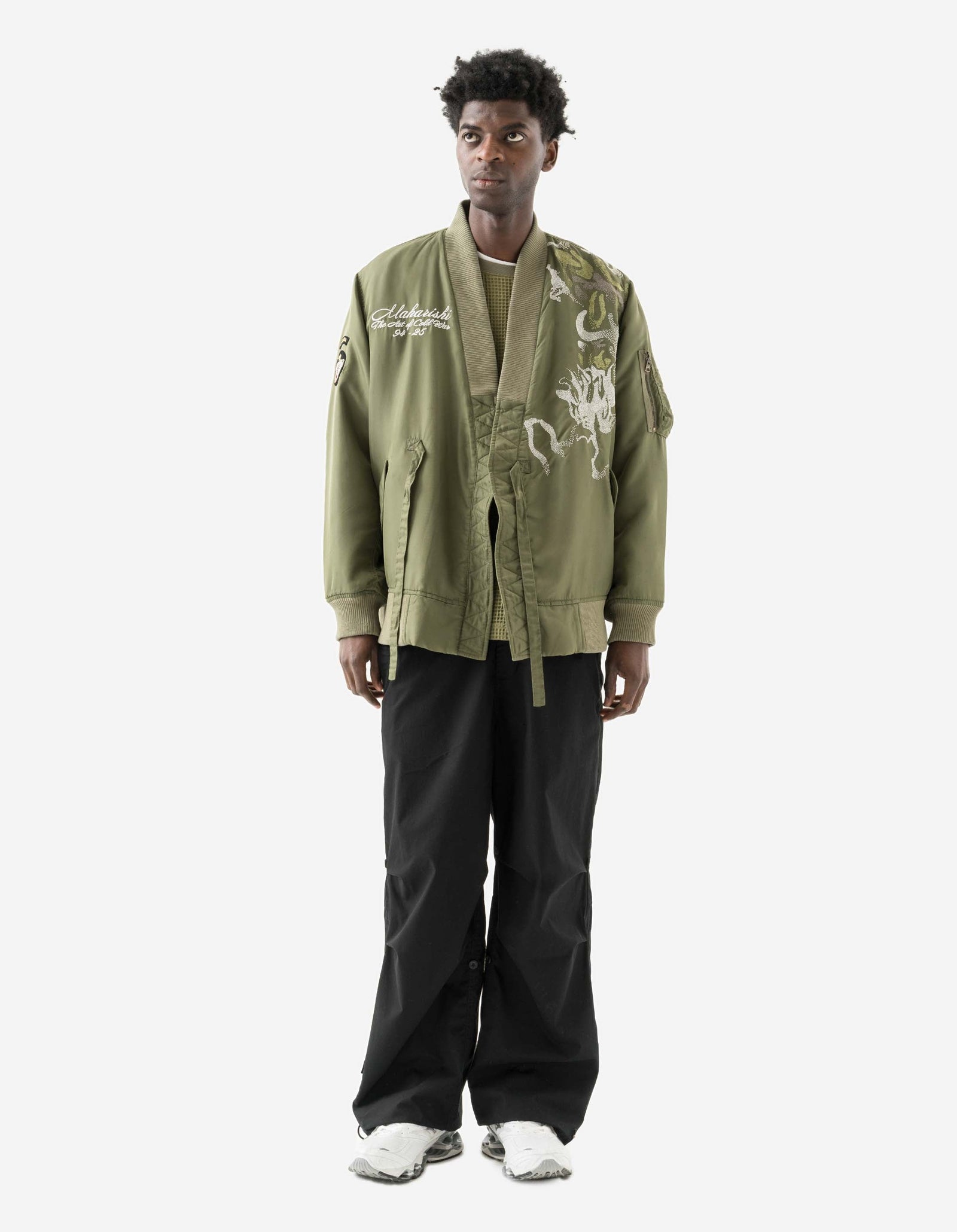 7081 Pointillist Dragon Embroidered MA1 Kimono Olive OG-107F
