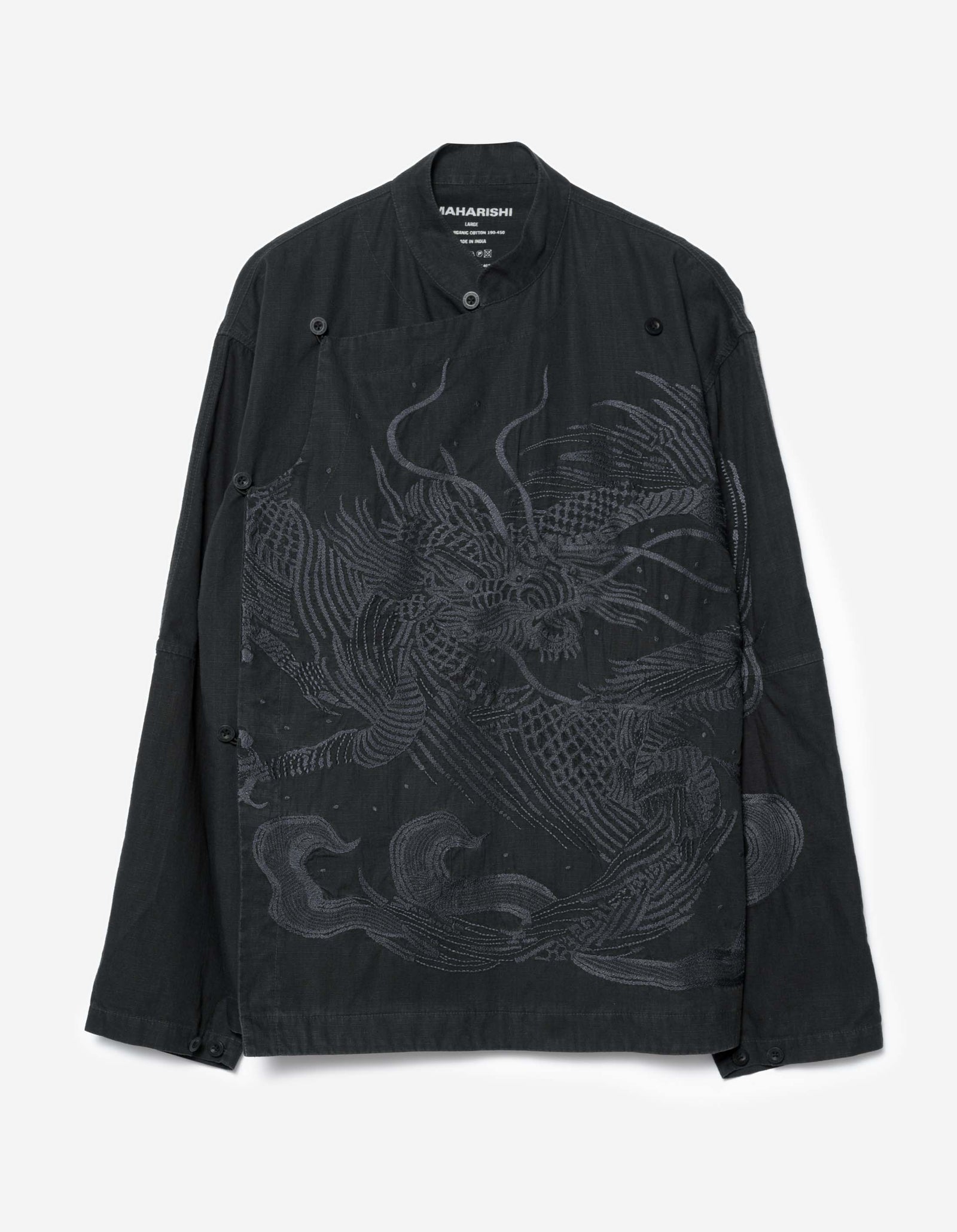 7083 Linear Dragon Embroidered Asym Monk L/S Shirt Black
