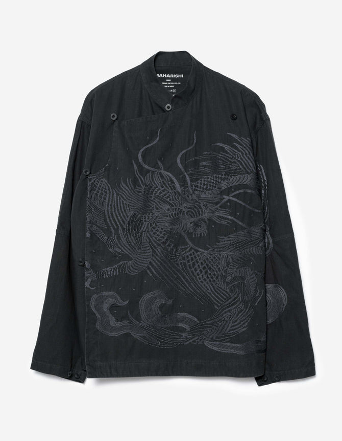 7083 Linear Dragon Embroidered Asym Monk L/S Shirt Black