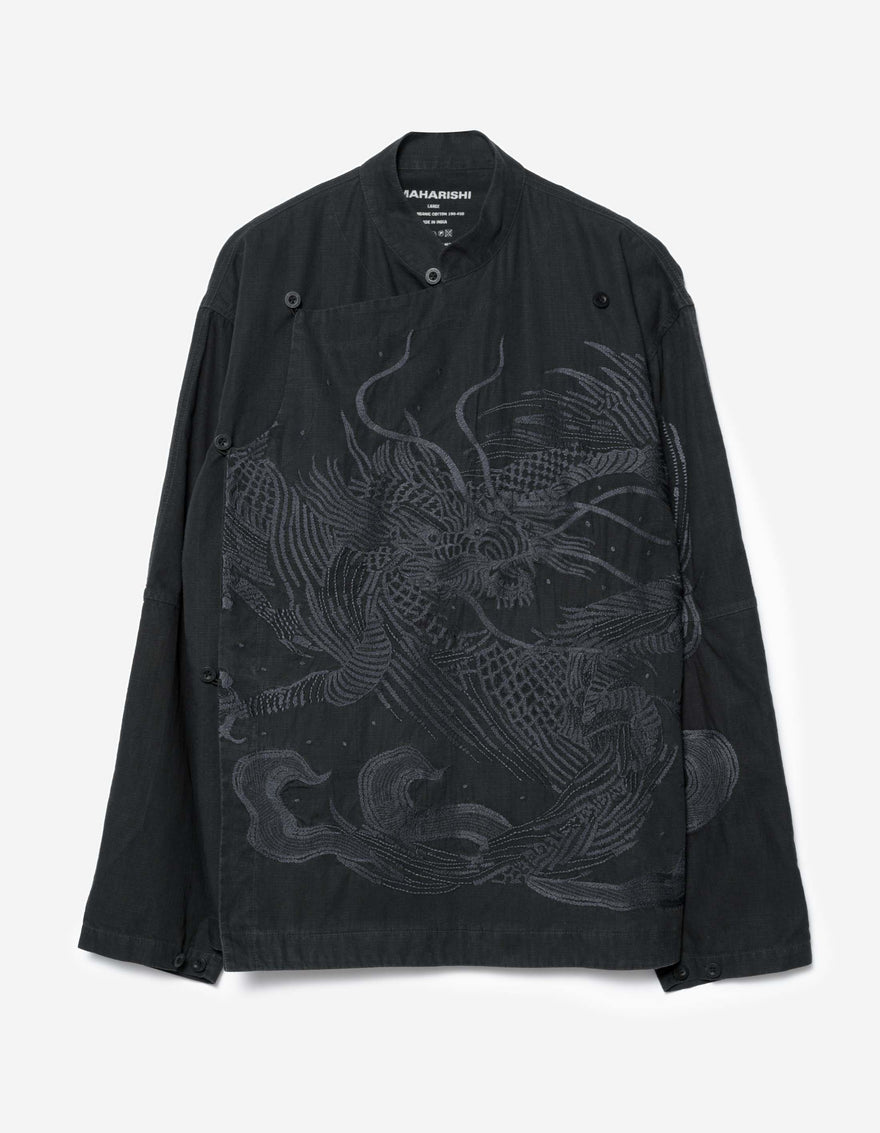7083 Linear Dragon Embroidered Asym Monk L/S Shirt Black