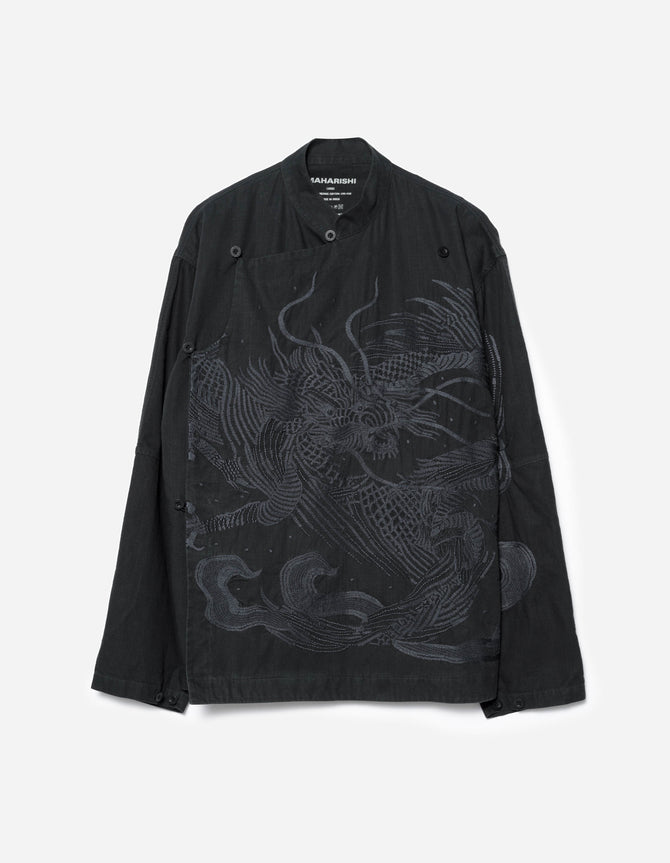 7083 Linear Dragon Embroidered Asym Monk L/S Shirt Black