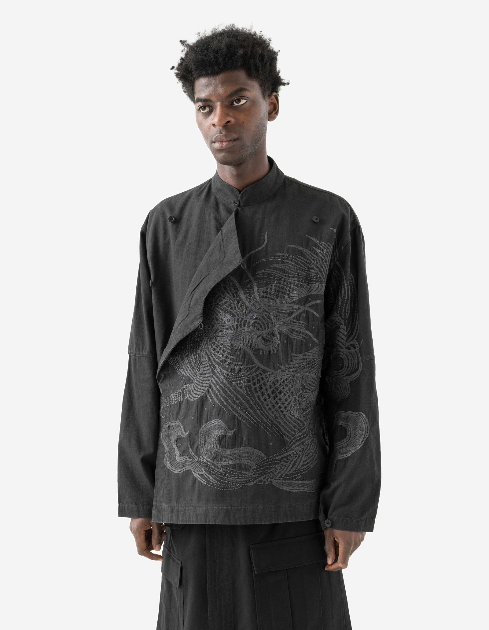 7083 Linear Dragon Embroidered Asym Monk L/S Shirt Black