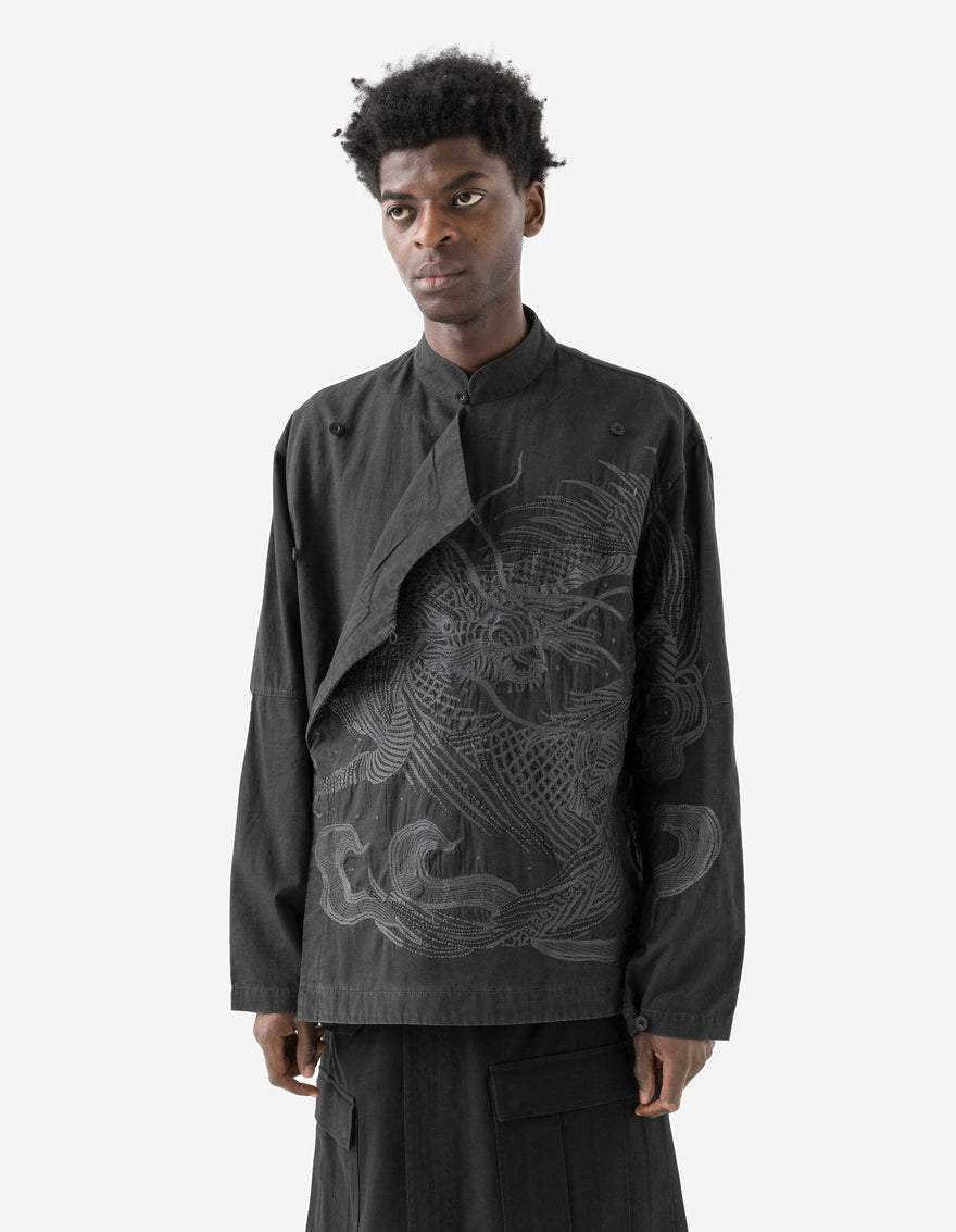 7083 Linear Dragon Embroidered Asym Monk L/S Shirt Black