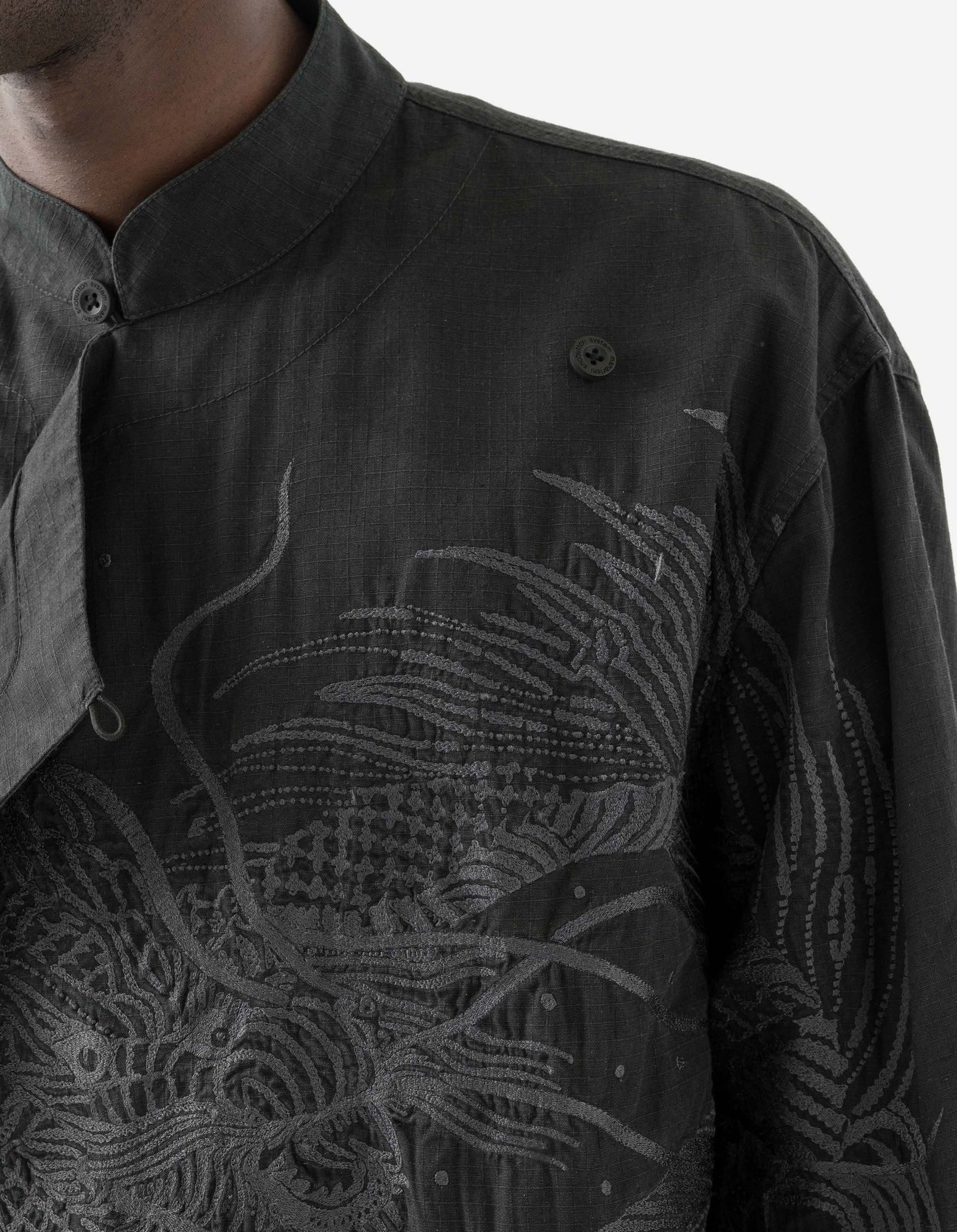7083 Linear Dragon Embroidered Asym Monk L/S Shirt Black