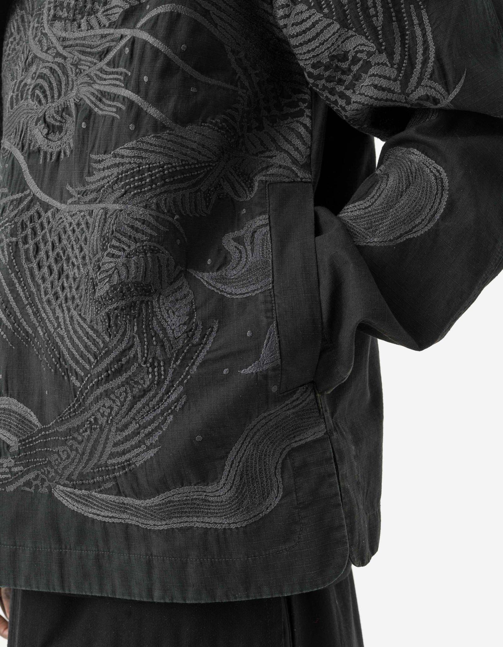 7083 Linear Dragon Embroidered Asym Monk L/S Shirt Black