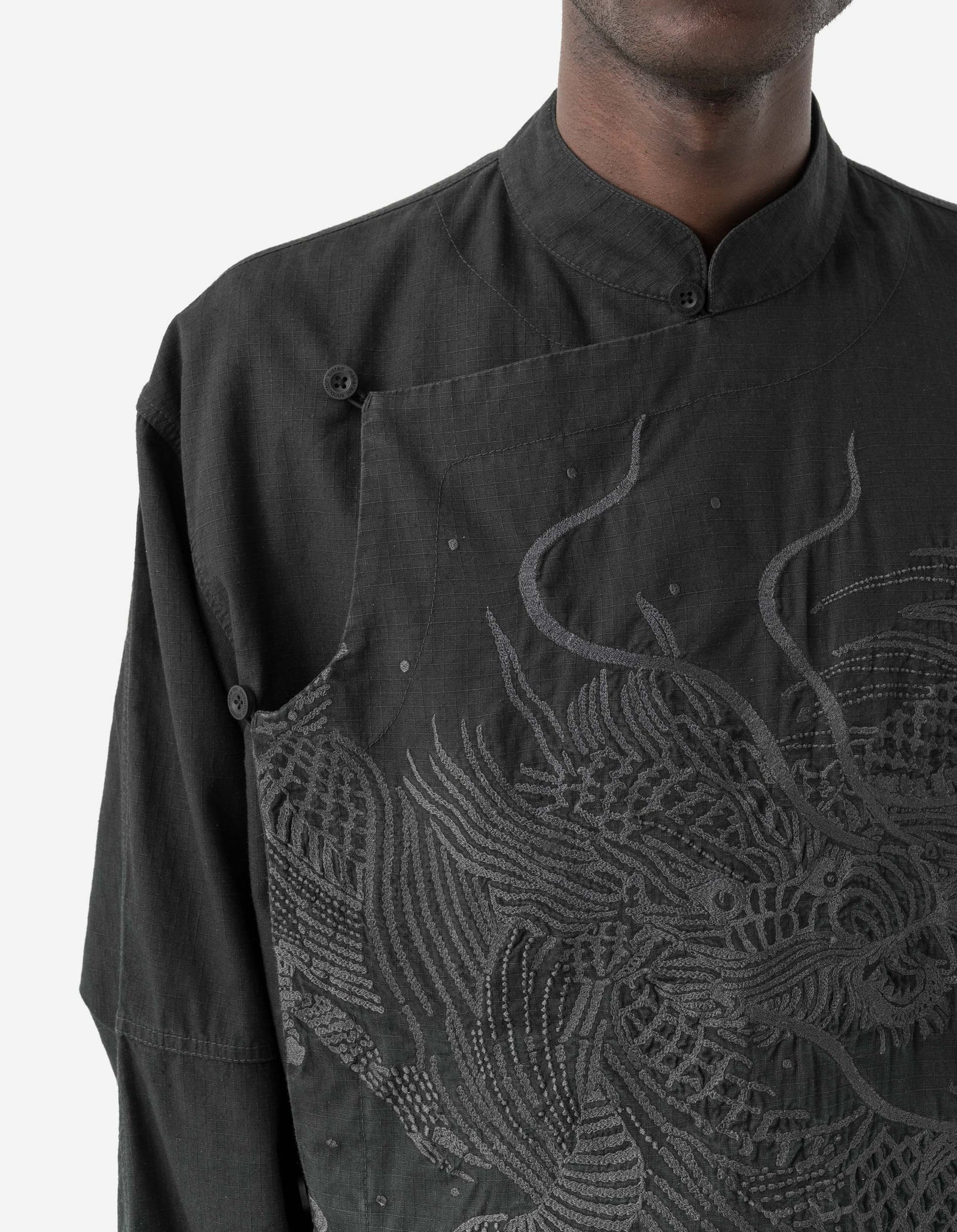 7083 Linear Dragon Embroidered Asym Monk L/S Shirt Black