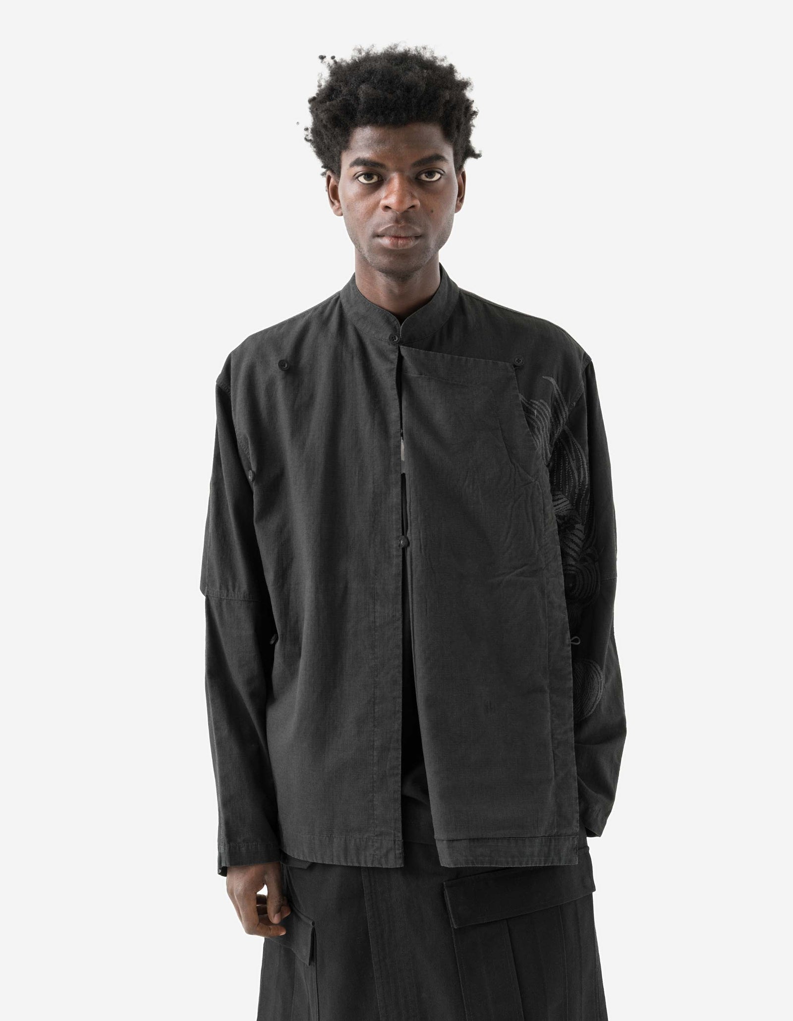7083 Linear Dragon Embroidered Asym Monk L/S Shirt Black