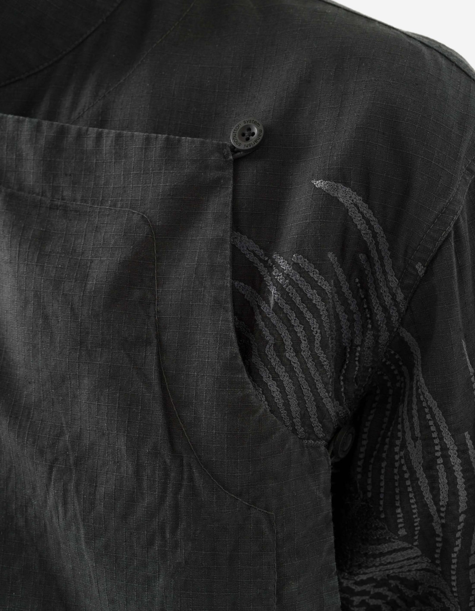7083 Linear Dragon Embroidered Asym Monk L/S Shirt Black