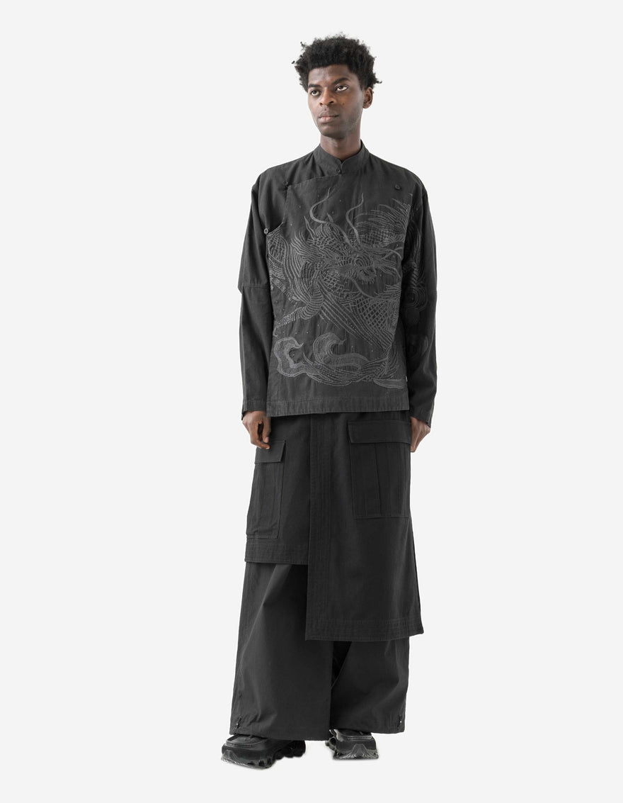7083 Linear Dragon Embroidered Asym Monk L/S Shirt Black