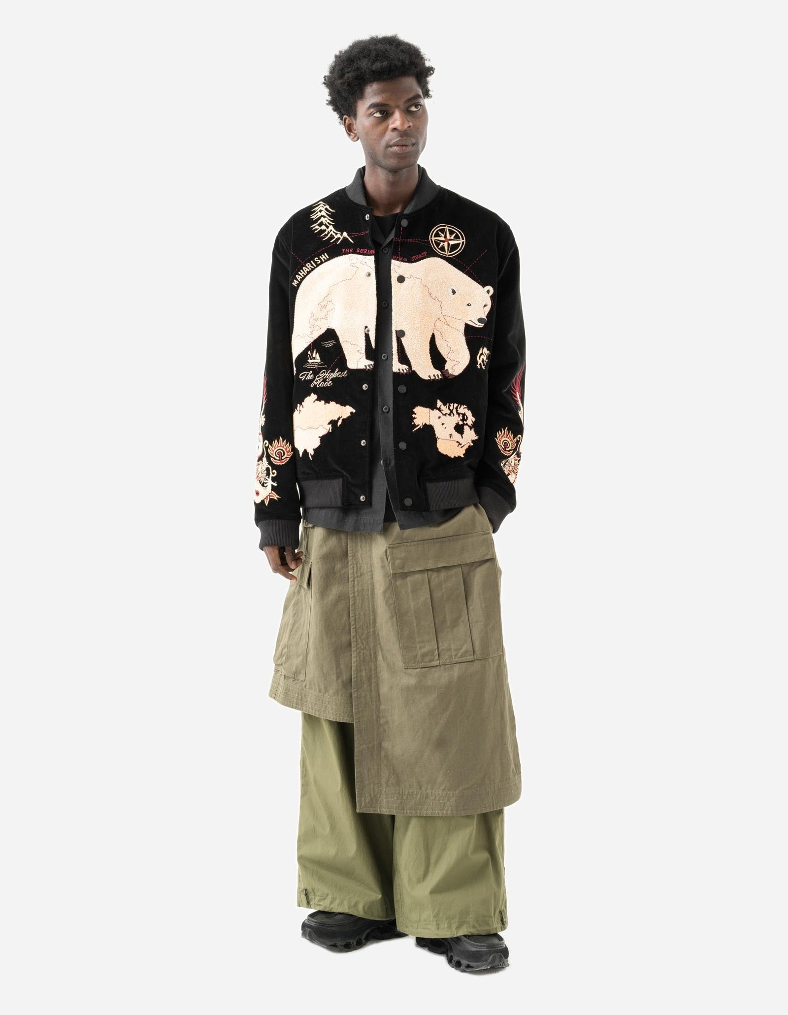 7398 WR Asym Cargo Hakama Pants Olive OG-107F