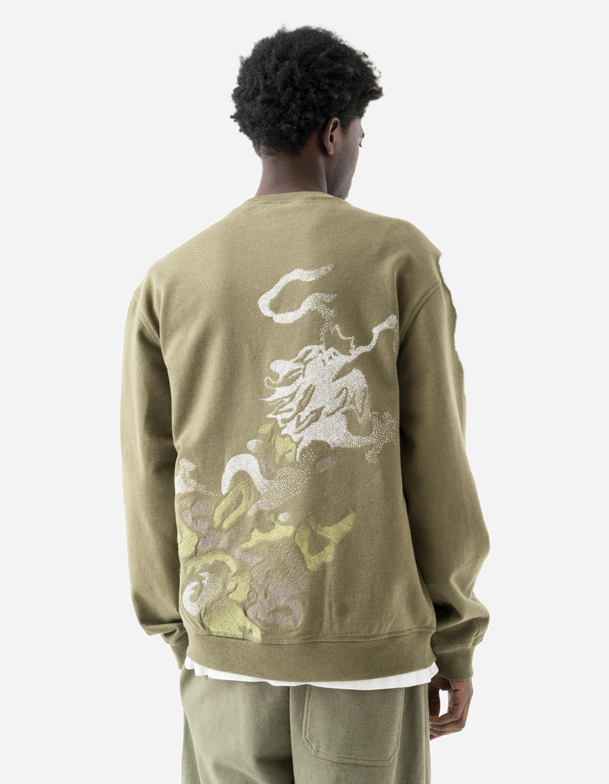 7125 Pointillist Dragon Embroidered Crew Sweat Olive OG-107F