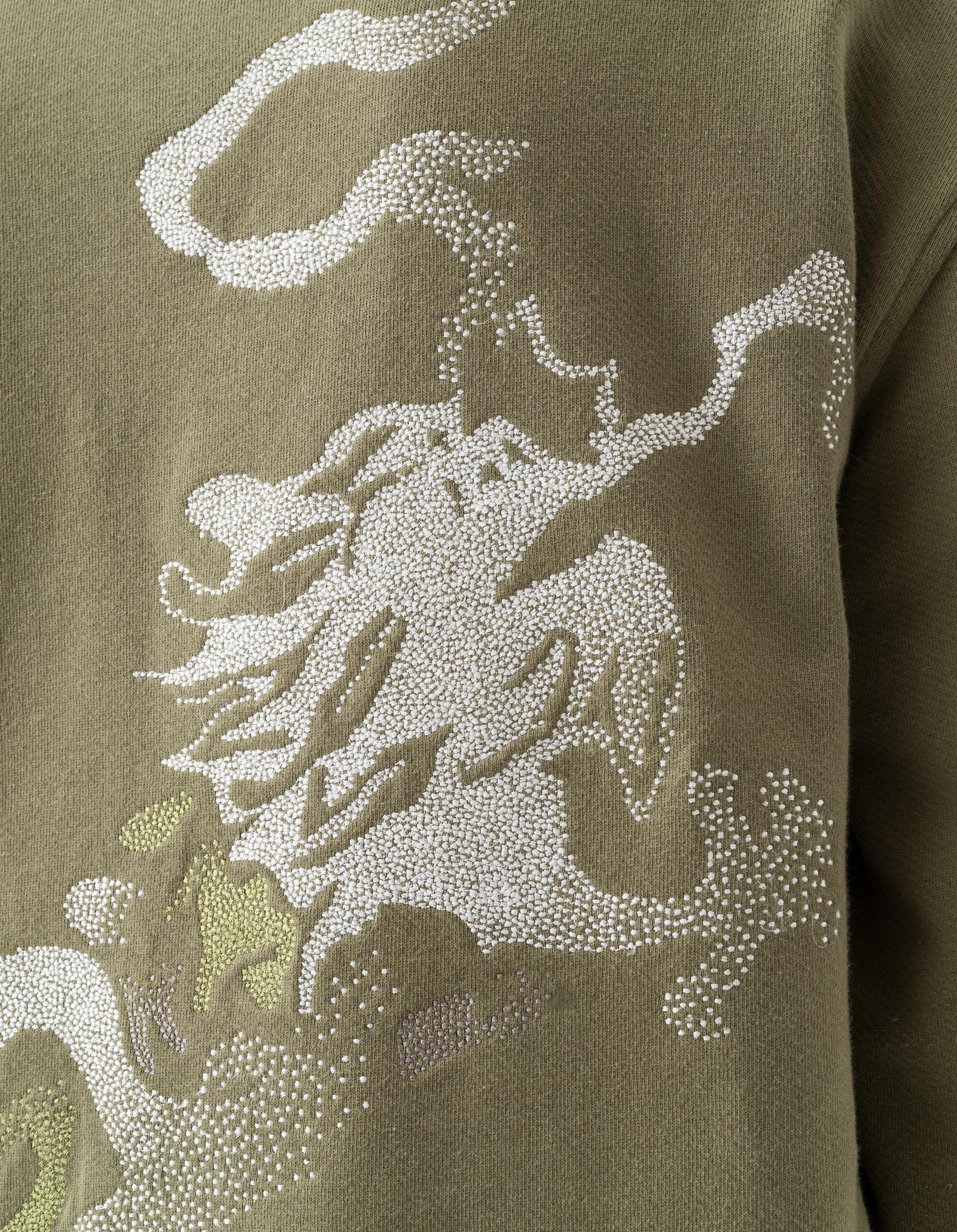 7125 Pointillist Dragon Embroidered Crew Sweat Olive OG-107F