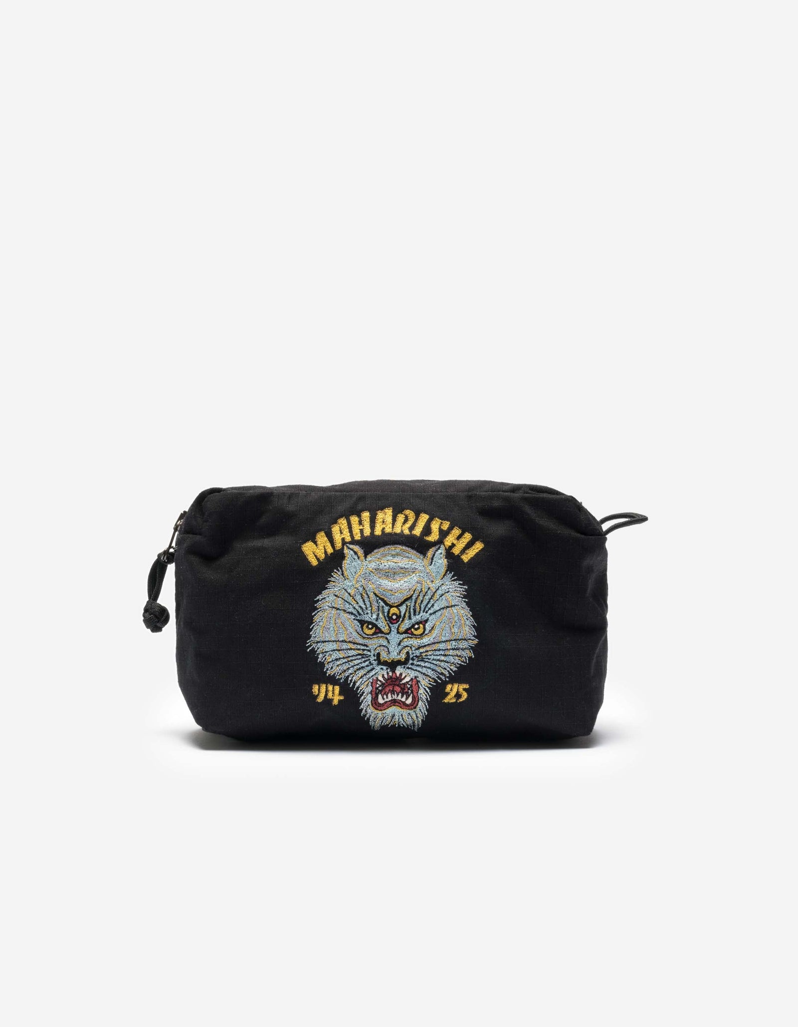 A black travel pouch with 'SNO PANTERS' text and a character embroidery on the front.