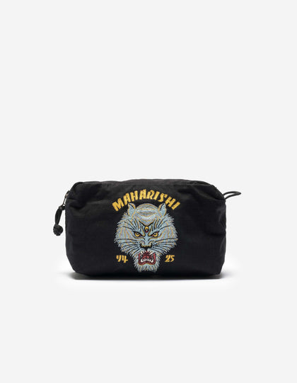 A black travel pouch with 'SNO PANTERS' text and a character embroidery on the front.