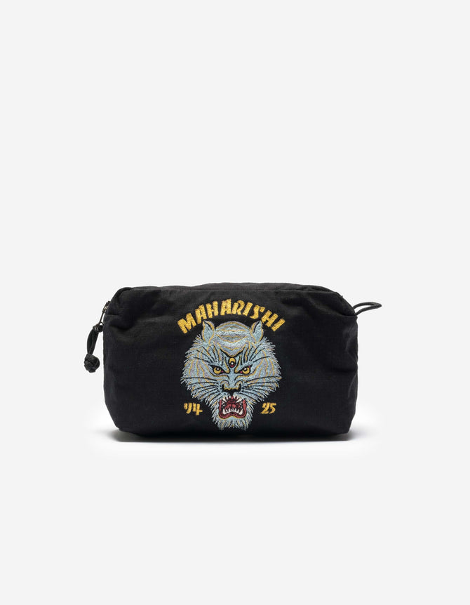 A black travel pouch with 'SNO PANTERS' text and a character embroidery on the front.